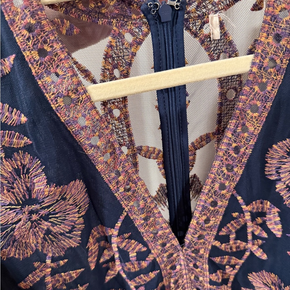 Embroidered Maxi Navy Dress with Dusty Rose Floral Detail - Picture 4 of 4